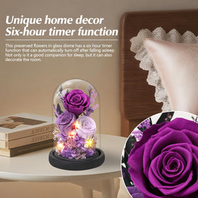 Casaido glass dome highlights every petal detail on a rustic wooden stand.