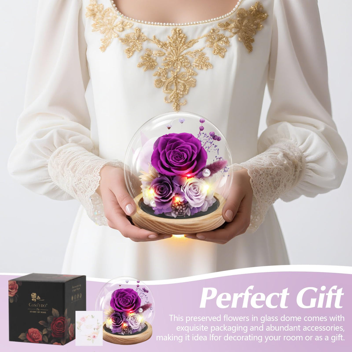 Casaido LED-lit base enhances the preserved rose with a warm glow.