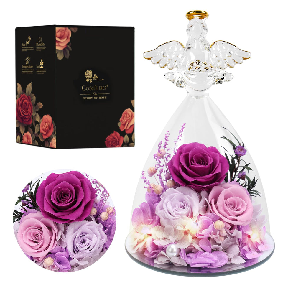 Casaido preserved purple rose inside a glass angel dome for timeless gift
