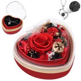 Casaido preserved rose in heart box with open lid reveals necklace; ready-to-give keepsake