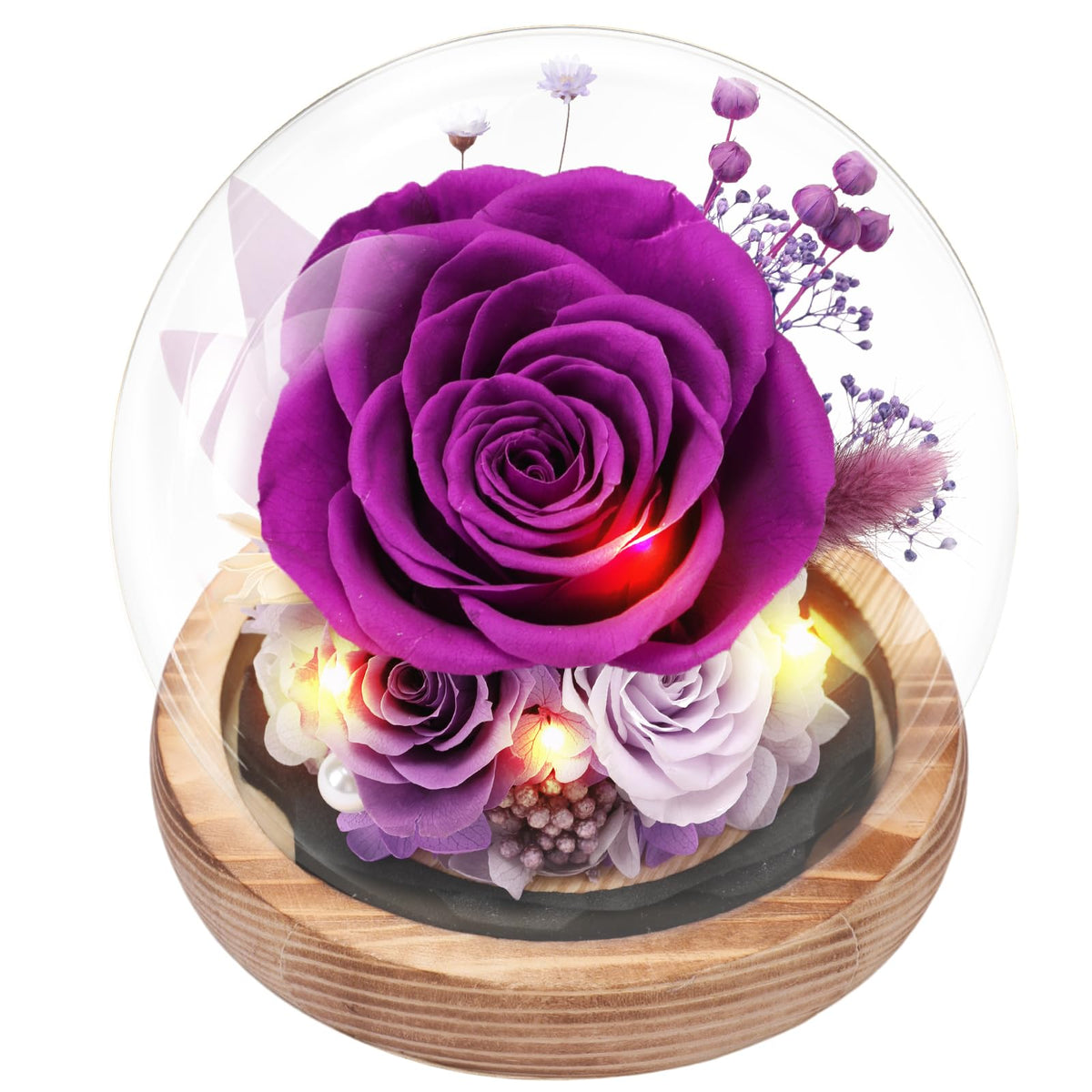 Casaido purple preserved rose in a glass dome showing lasting color and clarity.