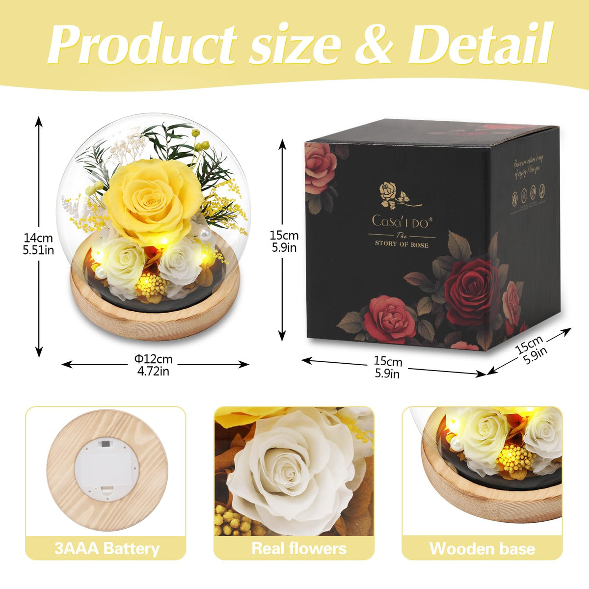 Casaido yellow rose dome display as an anniversary decor piece
