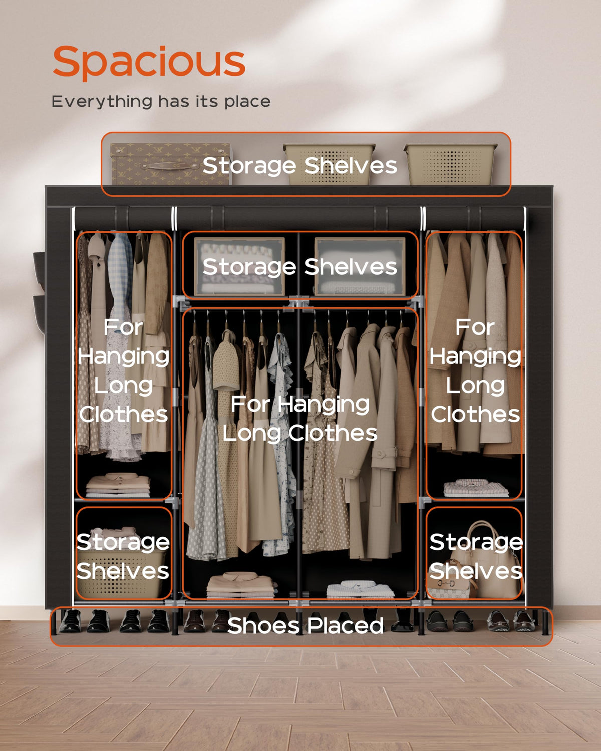 CASAMAYA portable closet assembly shows tool-free setup for quick installation.