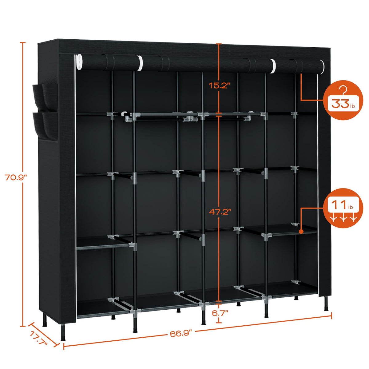 CASAMAYA portable closet dimension 66.9L highlights generous wardrobe capacity.
