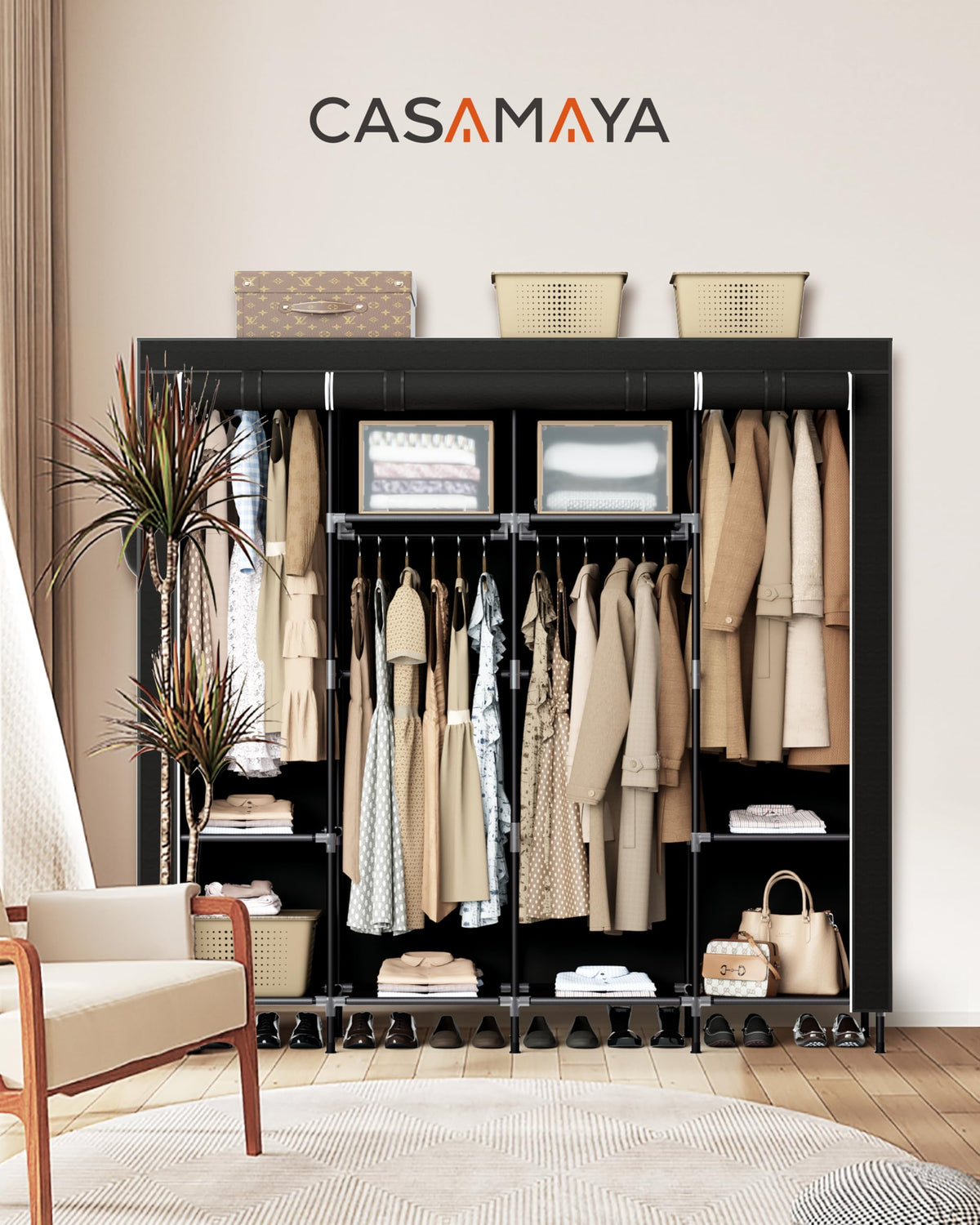 CASAMAYA portable closet hanging rods maximize long garment space for wrinkle-free outfits.