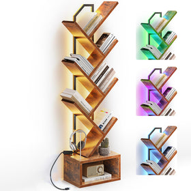 Casaottima tree bookshelf with LED lights showing mood lighting in a compact corner.