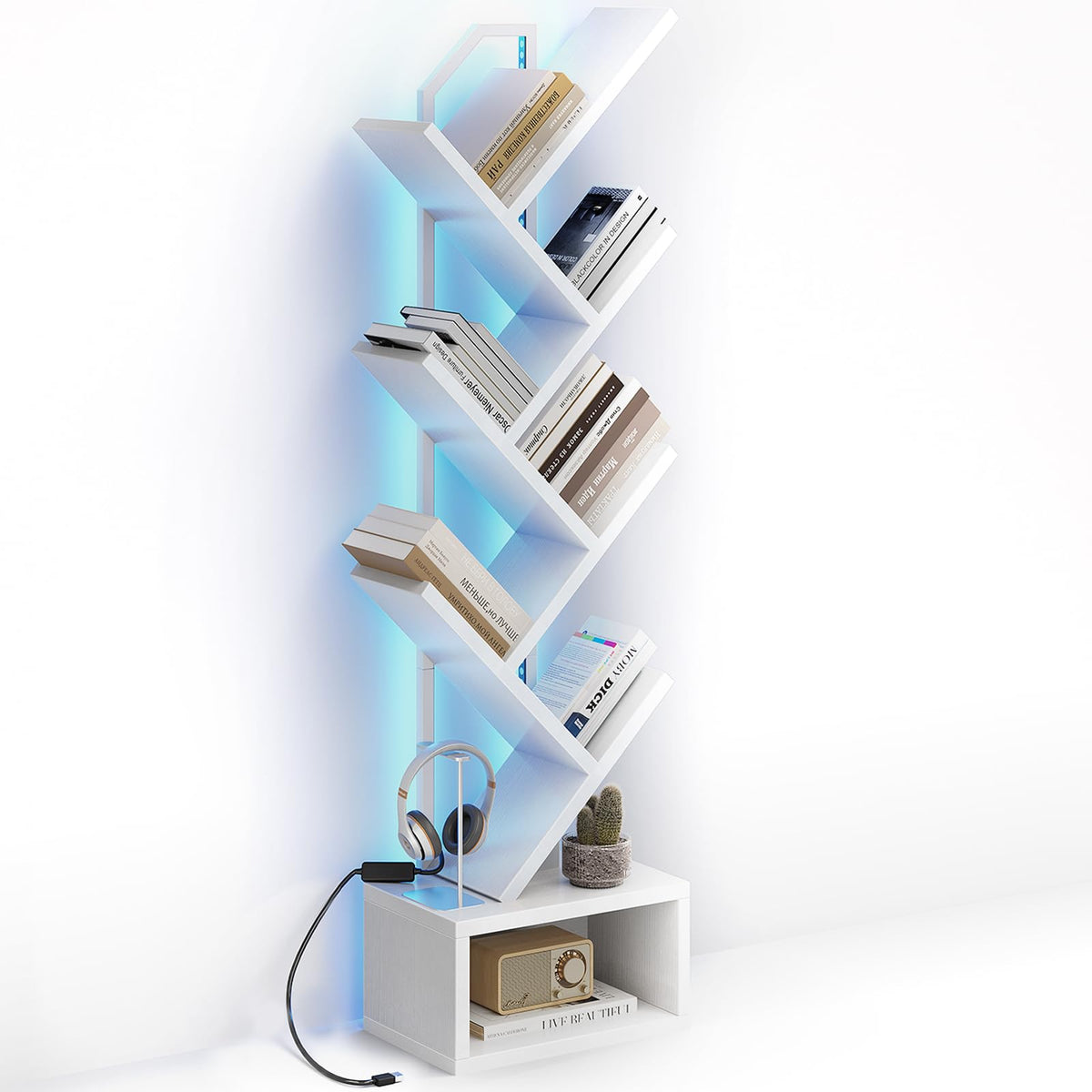 Casaottima tree bookshelf with LED strip lighting adds ambient color for cozy living spaces.