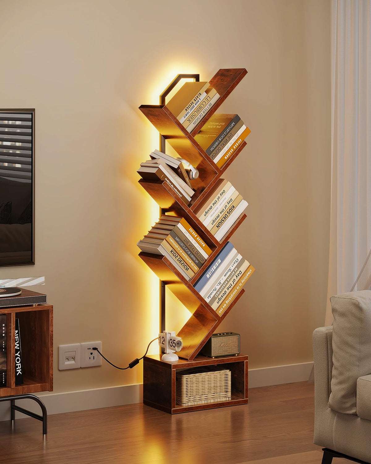 Casaottima narrow-profile bookshelf fits behind a sofa for space-saving storage.