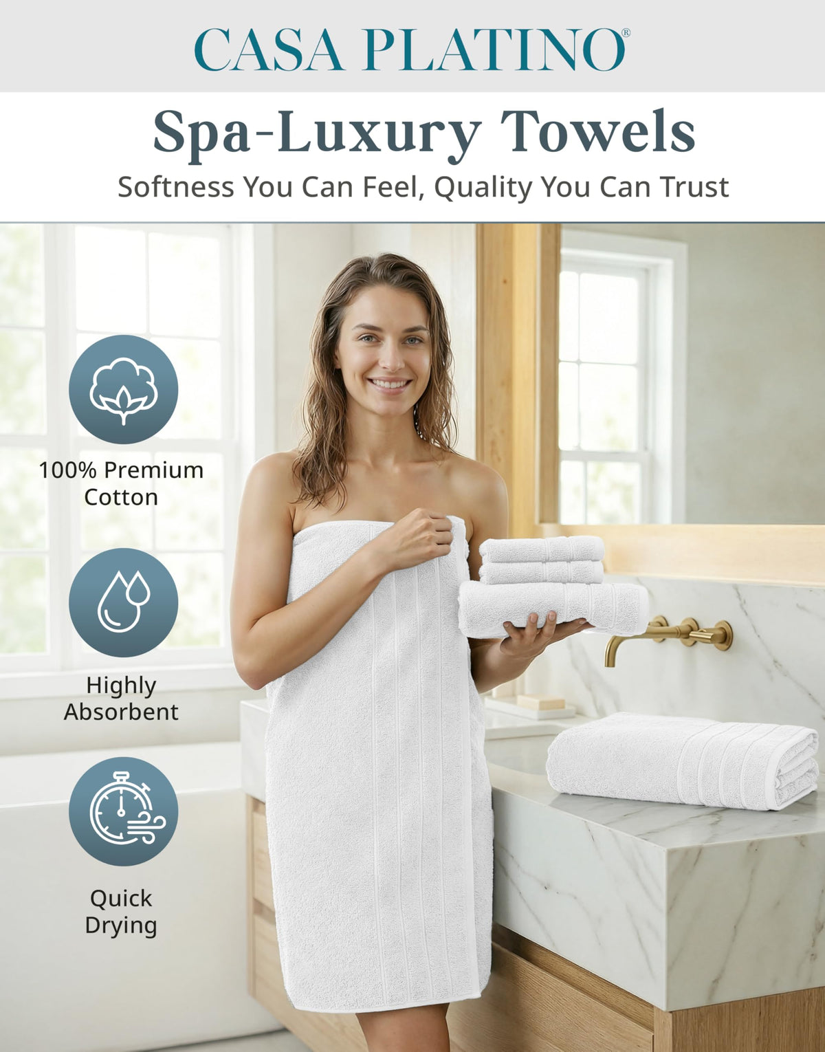 Casa Platino six bath towels 30x60 ready for family use and quick drying.