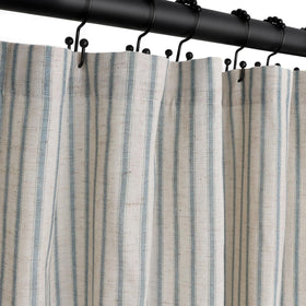 CasaTena Farmhouse striped curtain in dusty blue adds rustic bathroom charm.
