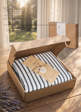 CasaTena farmhouse striped shower curtain bathroom setup demonstrates easy rustic styling.