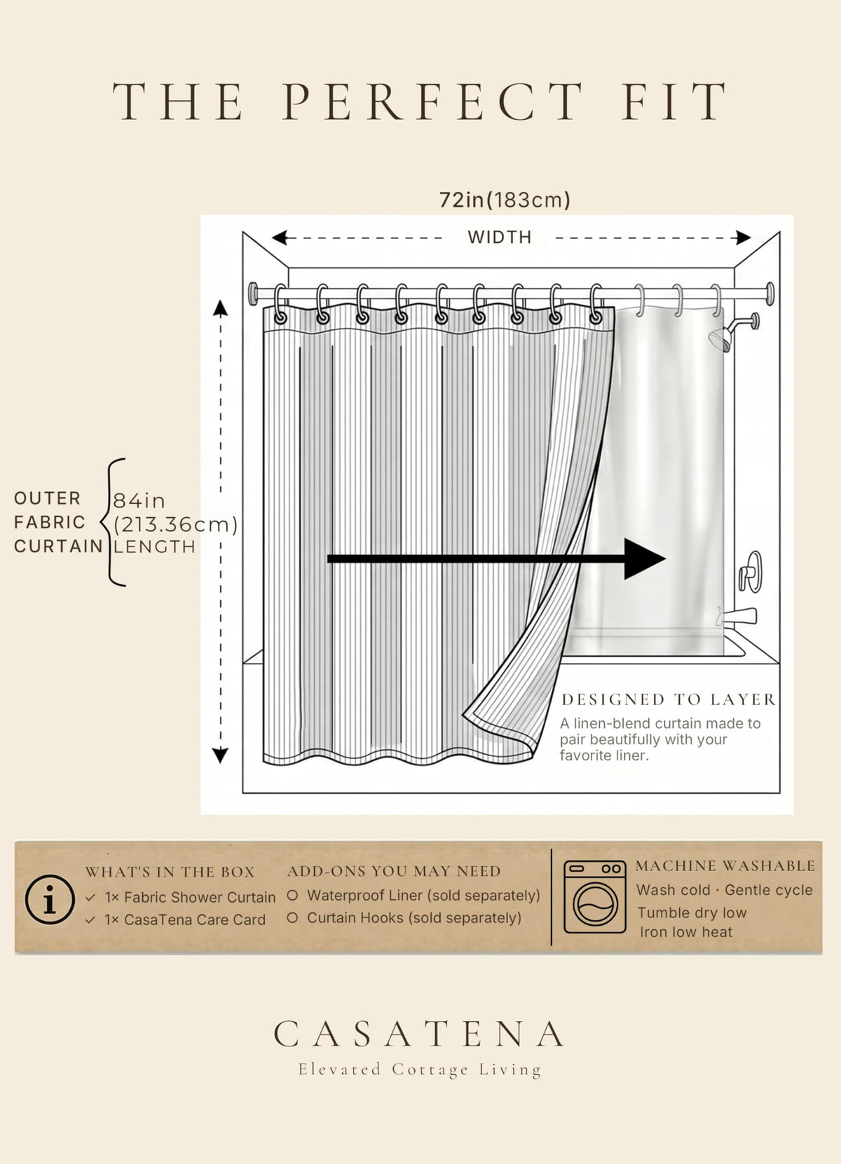 CasaTena farmhouse striped shower curtain breathable fabric supports moisture management.