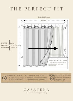 CasaTena farmhouse striped shower curtain breathable fabric supports moisture management.