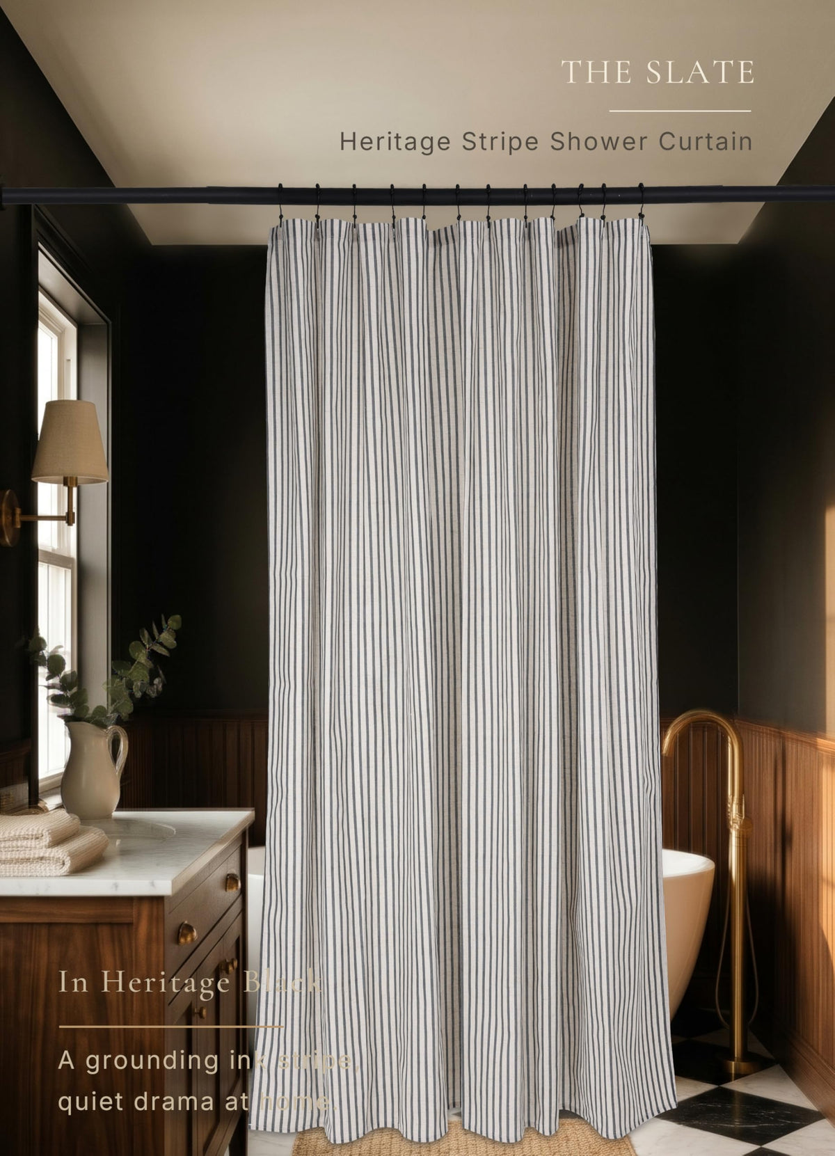 CasaTena farmhouse striped shower curtain fabric closeup highlights breathable linen blend texture.