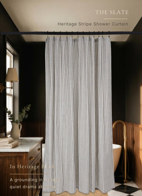 CasaTena farmhouse striped shower curtain fabric closeup highlights breathable linen blend texture.