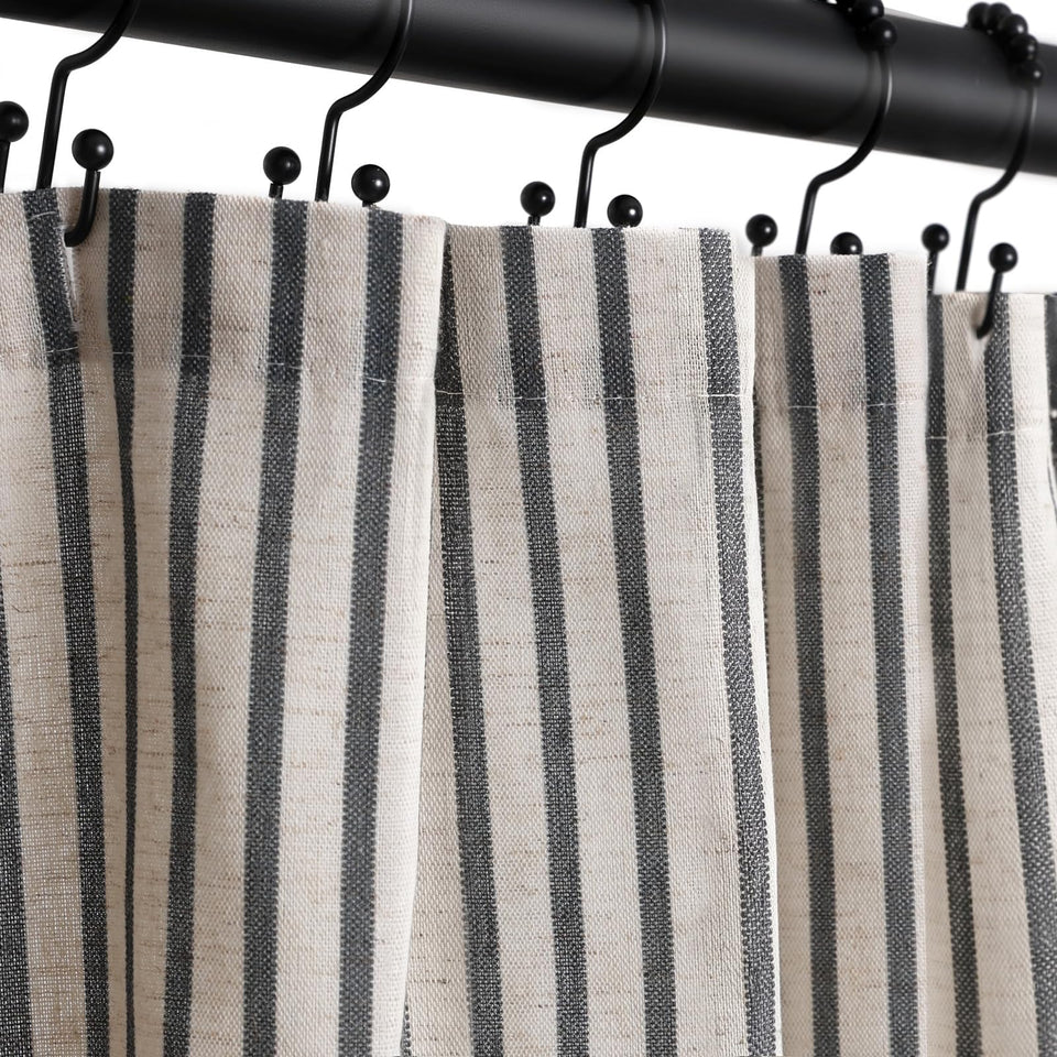 CasaTena farmhouse striped shower curtain full view adds rustic charm to your bathroom.