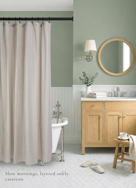 CasaTena Farmhouse-Striped Shower Curtain full view in a modern bathroom