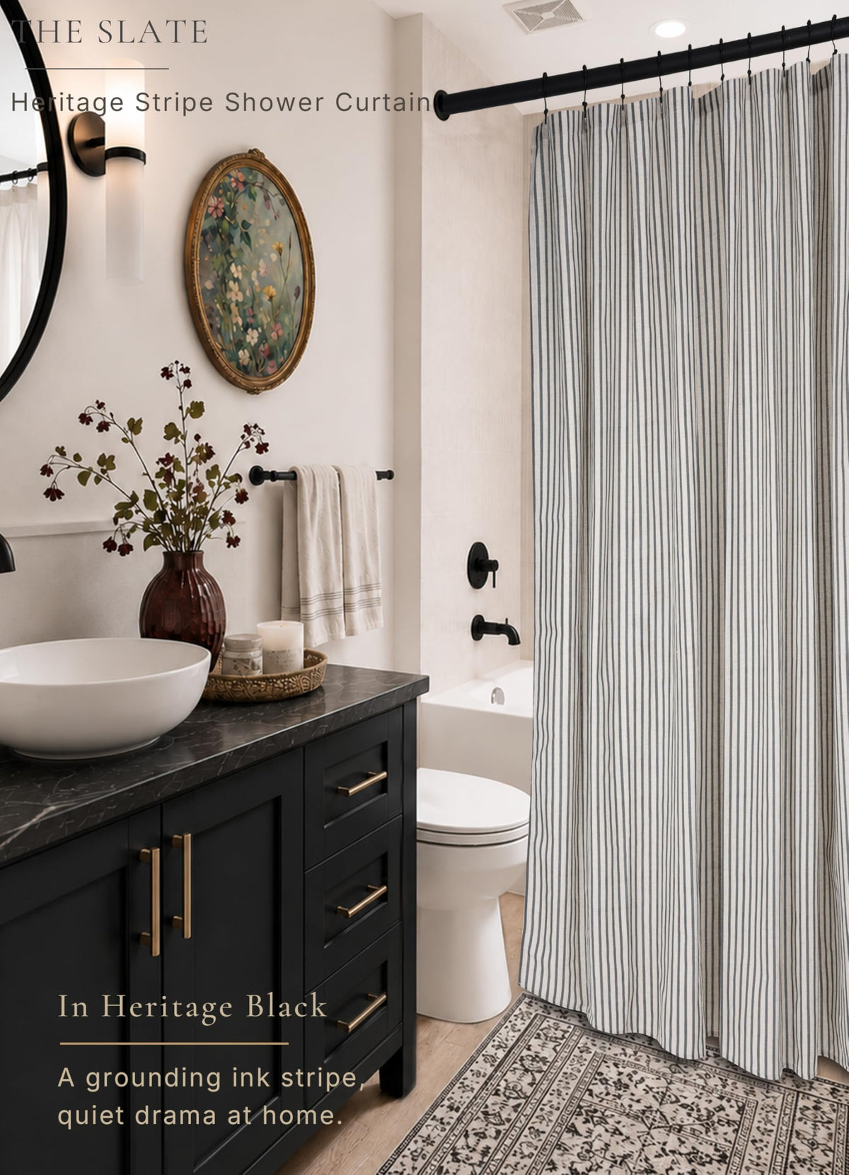 CasaTena farmhouse striped shower curtain texture detail emphasizes durable, everyday-ready material.