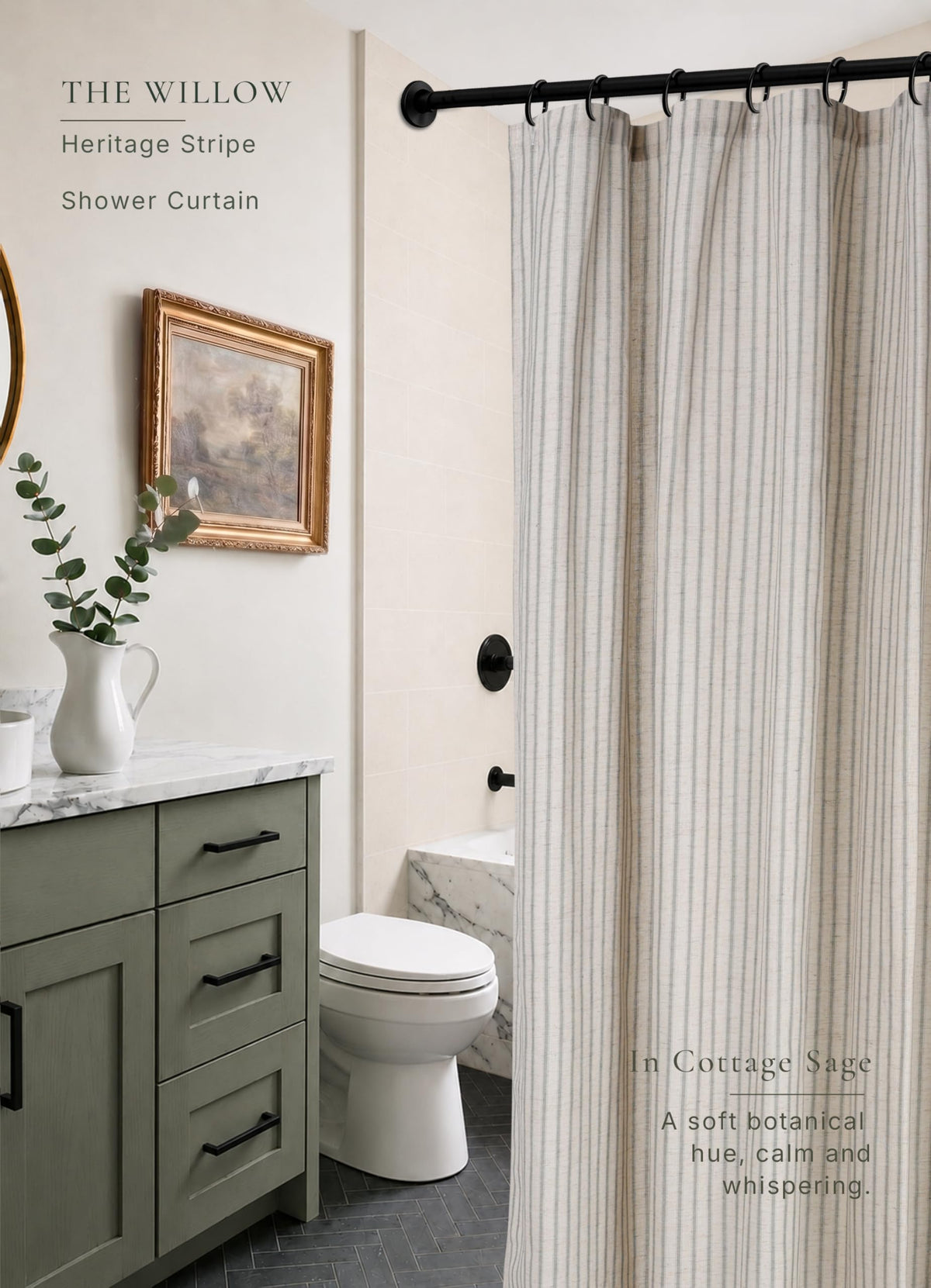CasaTena rustic sage stripes design adds timeless decor to any bathroom.
