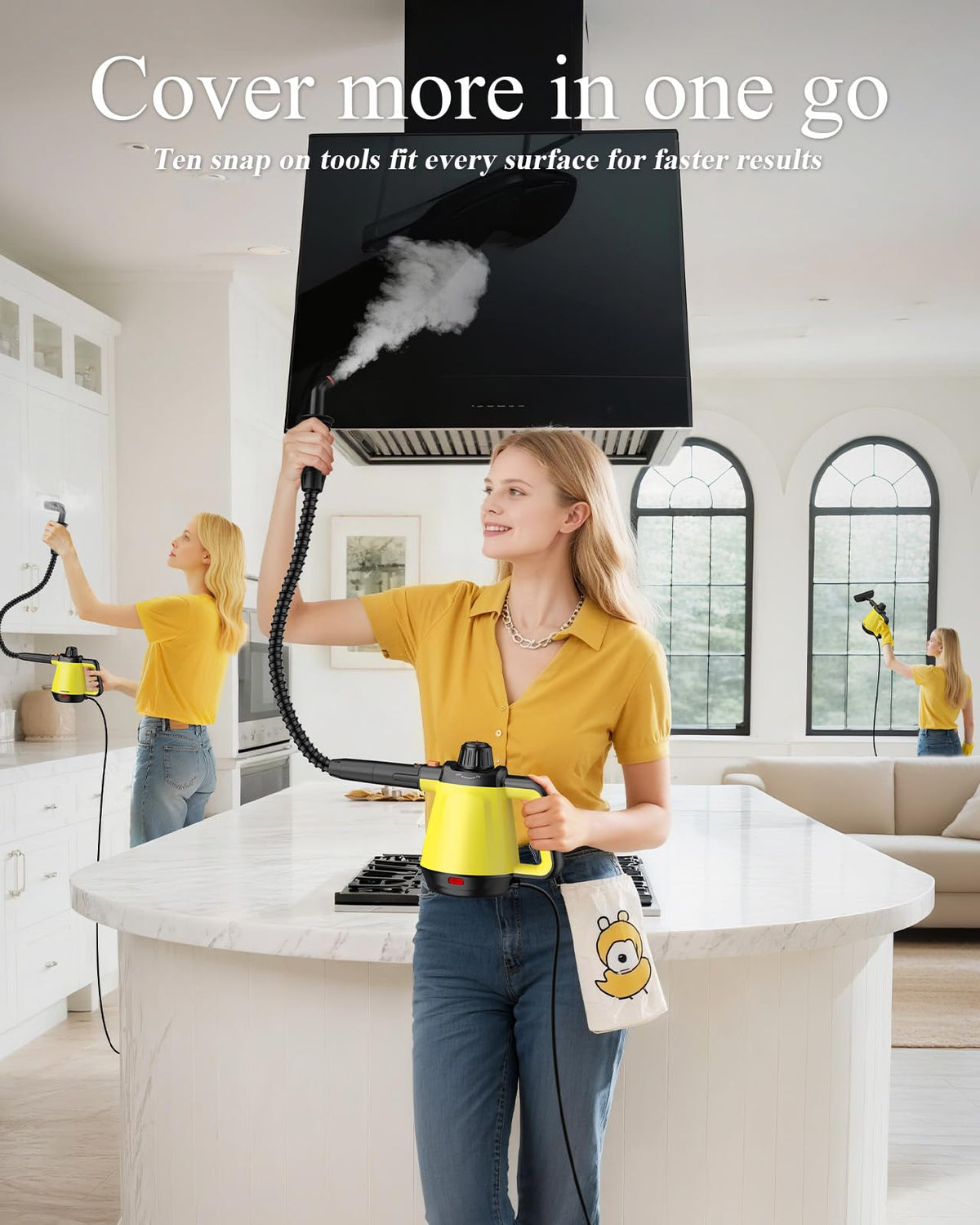 Casavorn 1200W steam cleaner in kitchen, ideal for grease and grime removal without chemicals