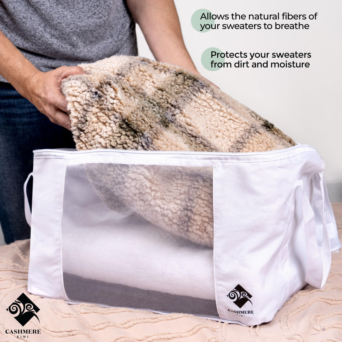 Cashmere Kiwi breathable cotton bag ready to store and wash.