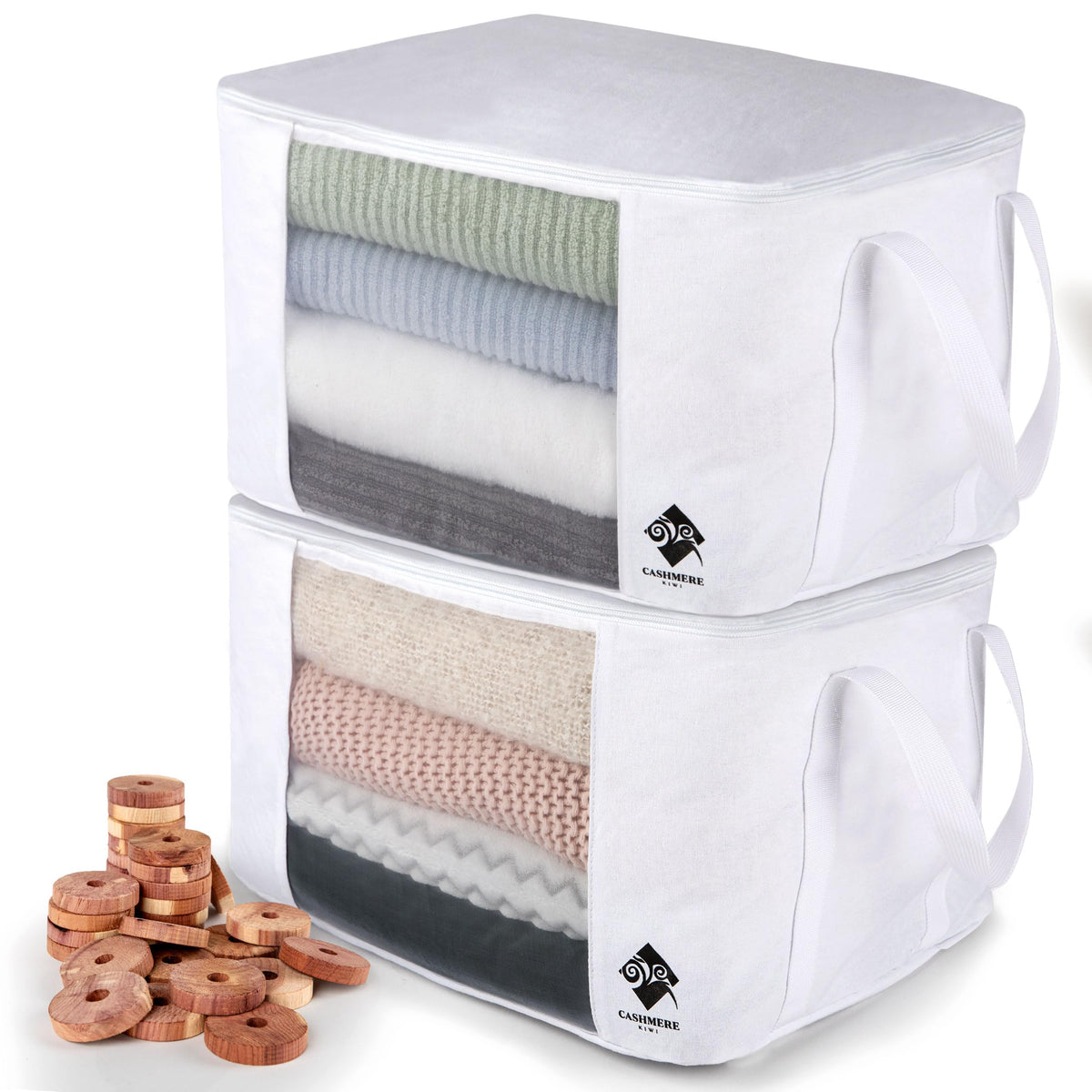 Cashmere Kiwi sweater storage bag open with breathable cotton protecting delicate fabrics
