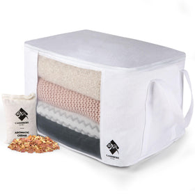 Cashmere Kiwi sweater storage bag with cedar sachet protecting wool fabrics.