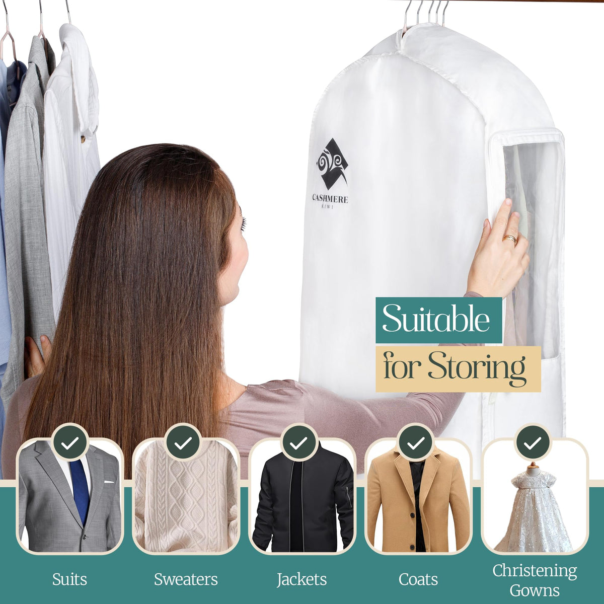 Cashmere Kiwi premium cotton bag for hanging storage of formal wear.