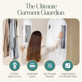 Cashmere Kiwi white garment bag with cedar aroma for pristine closets.