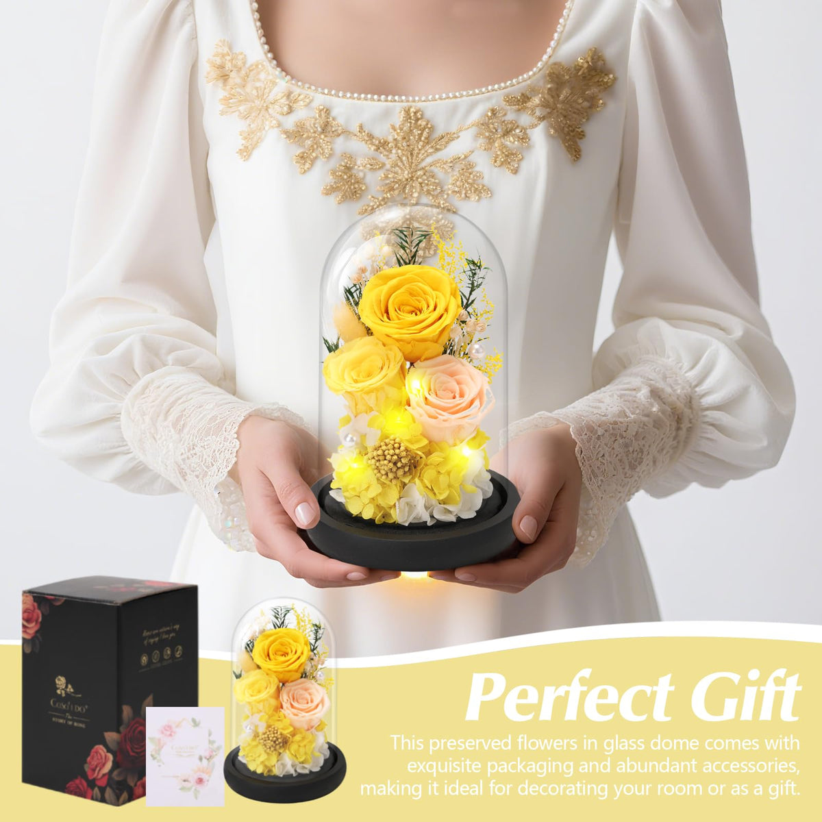 Casaido LED-lit rose in glass dome base emits a gentle romantic glow.
