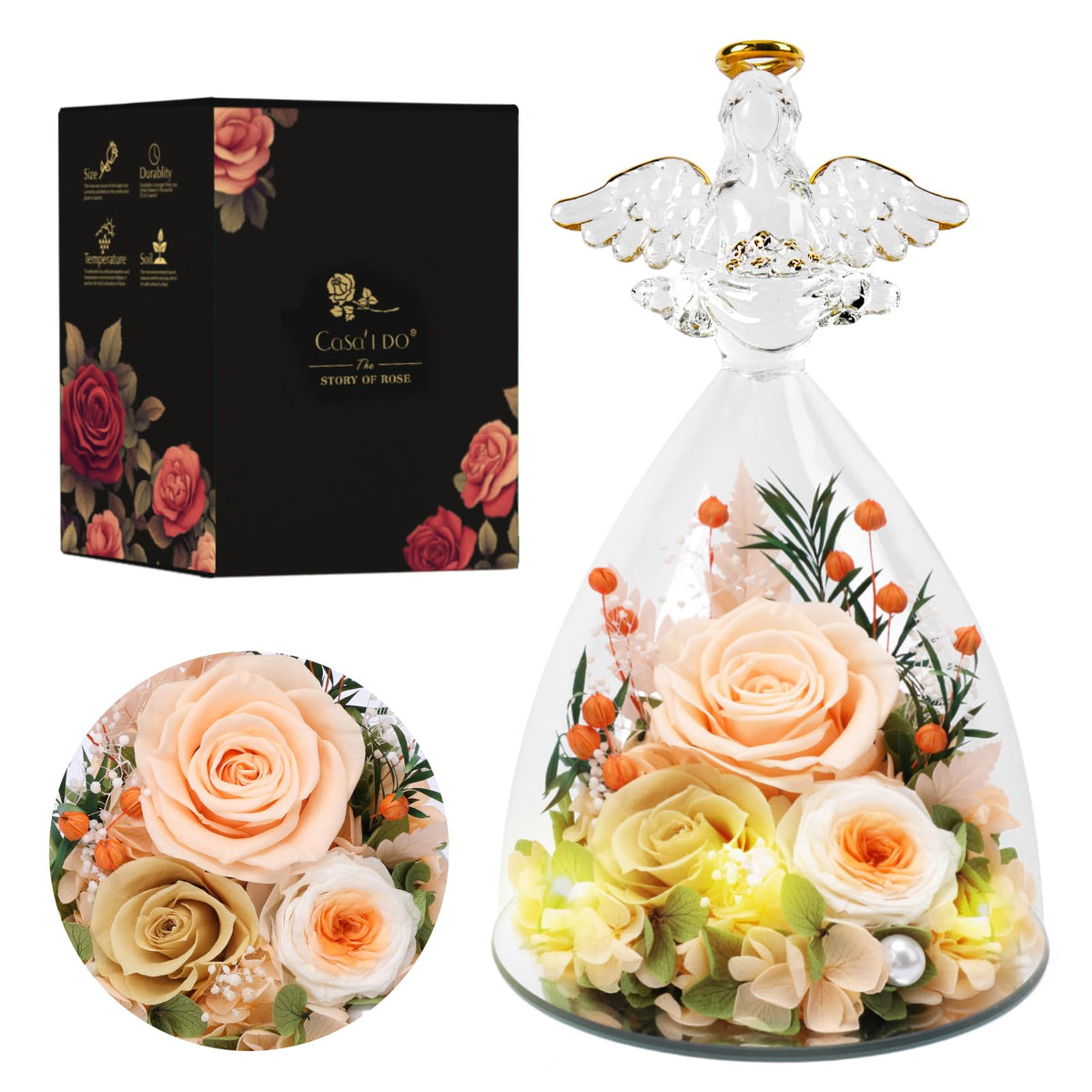 Casaido Mothers Day rose in glass angel dome, a timeless keepsake gift.