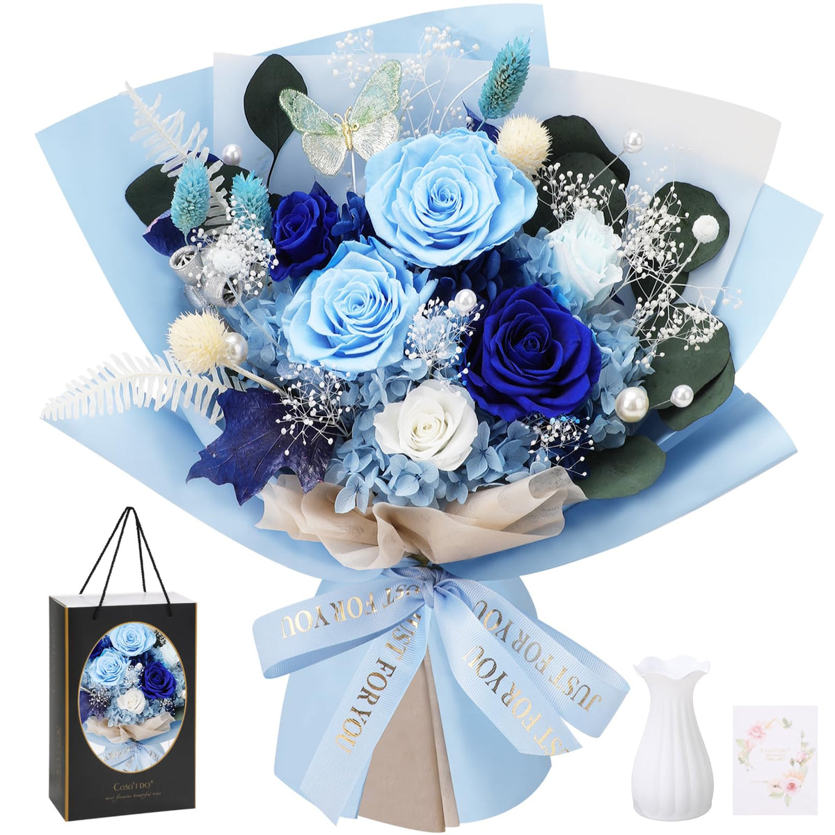 Casaido preserved flowers 6 blue roses bouquet with lasting color