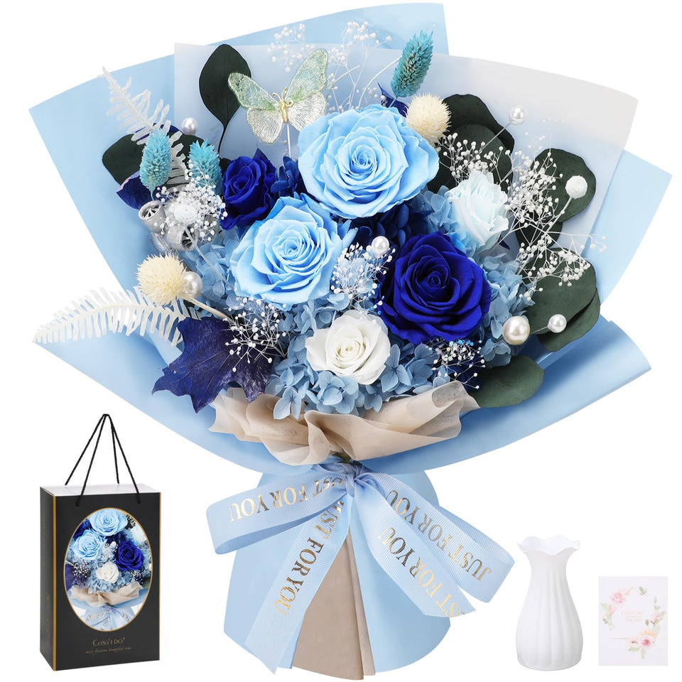 Casaido preserved flowers 6 blue roses bouquet with lasting color