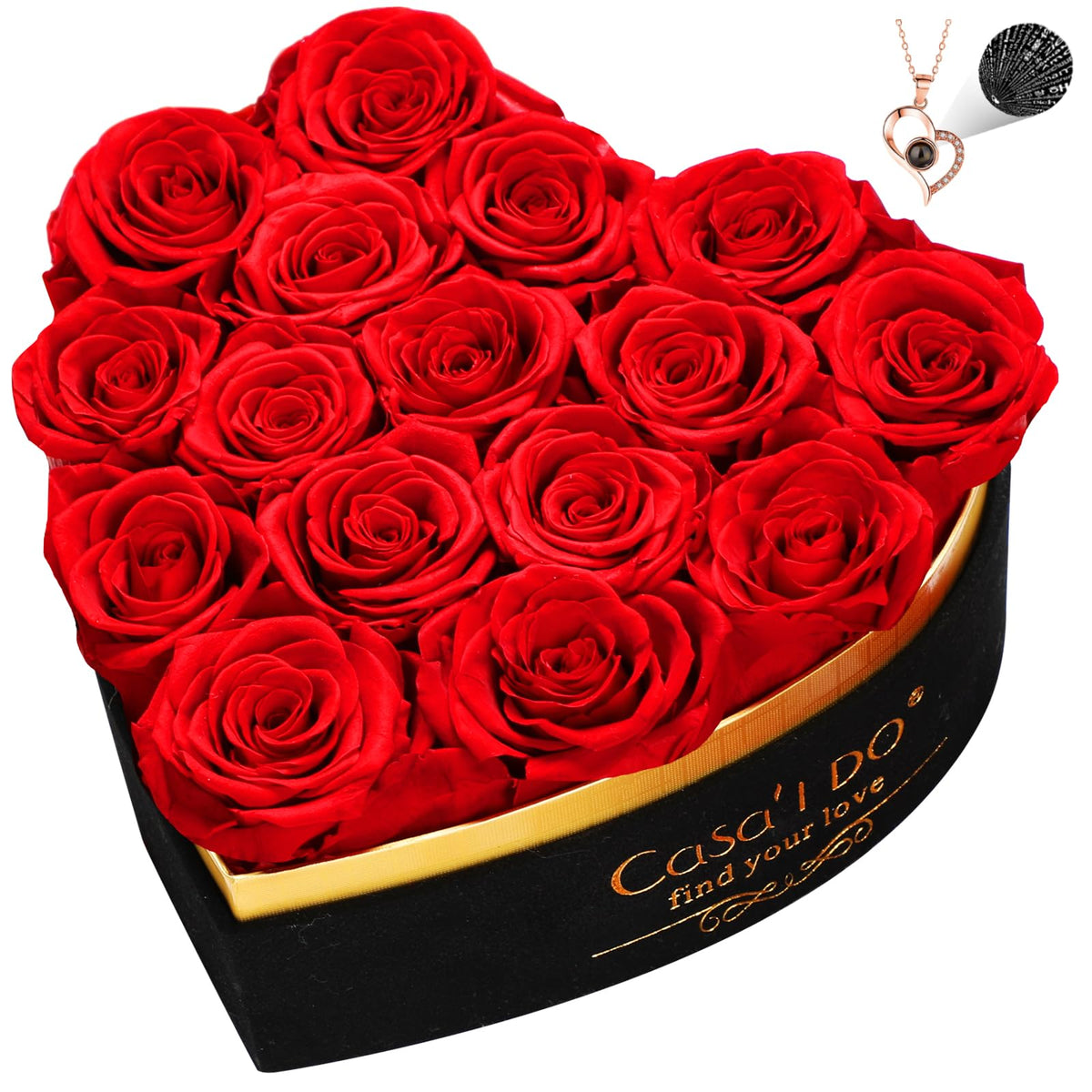 Casaido preserved roses in a heart box display, timeless anniversary gift.
