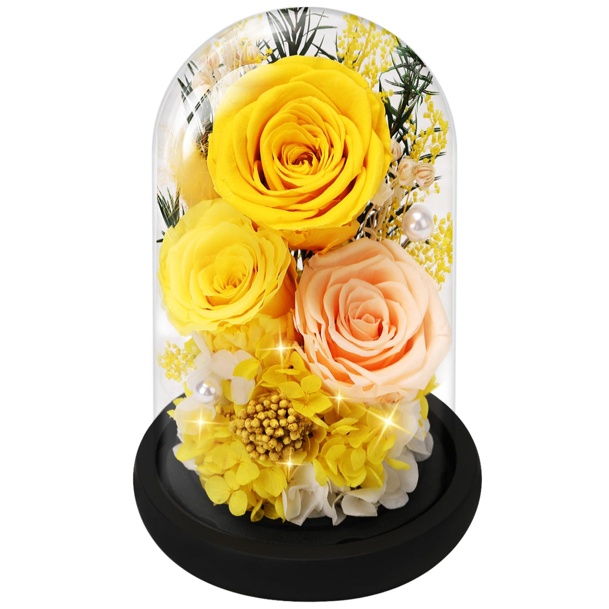 Casaido yellow preserved rose inside glass dome showcases lasting beauty without watering.