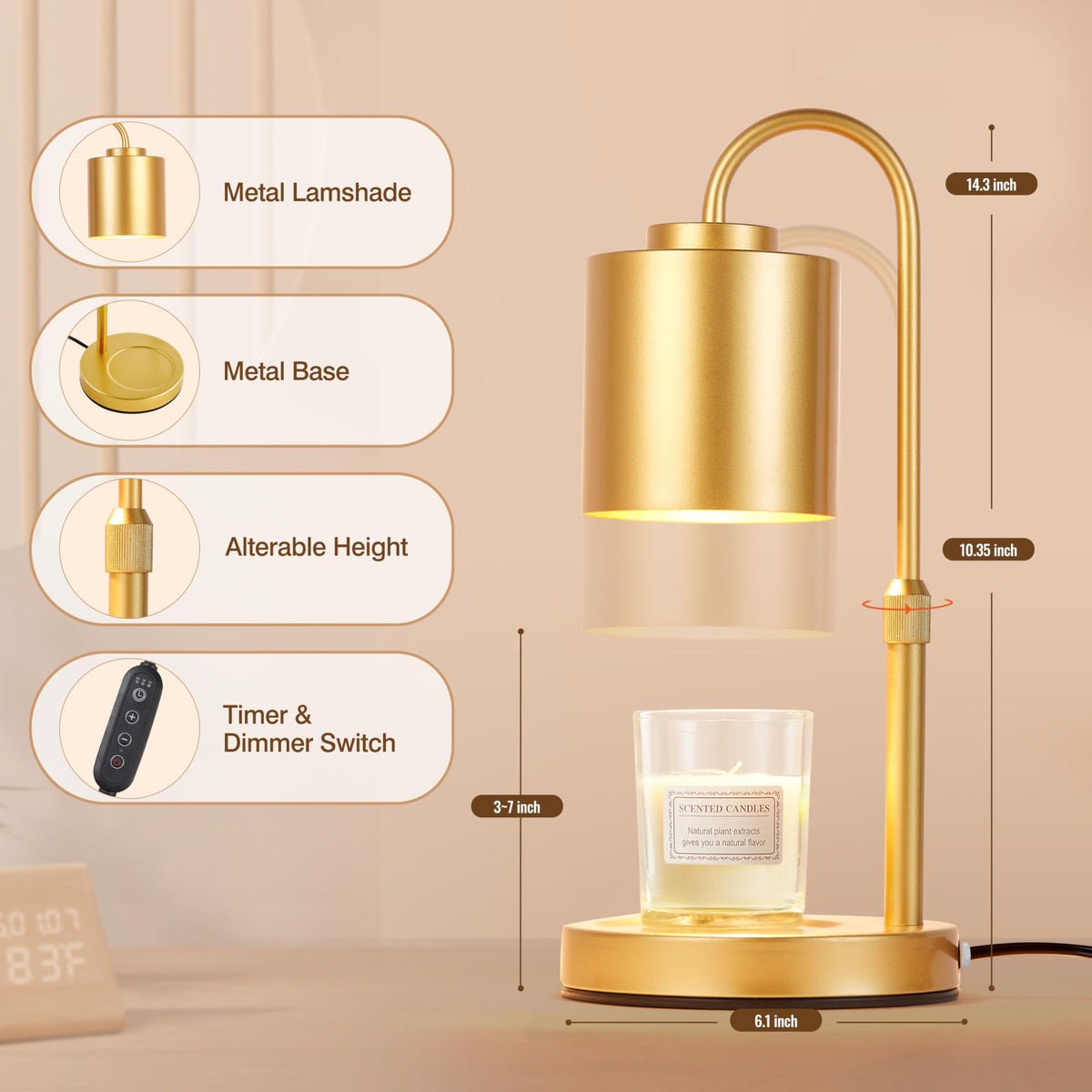 CASTLELIFE Wax Melt Lamp with height-adjustable pole for controlled fragrance release.