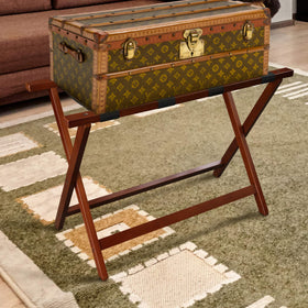 Casual Home luggage rack side profile showing reinforced straps and solid wood construction.