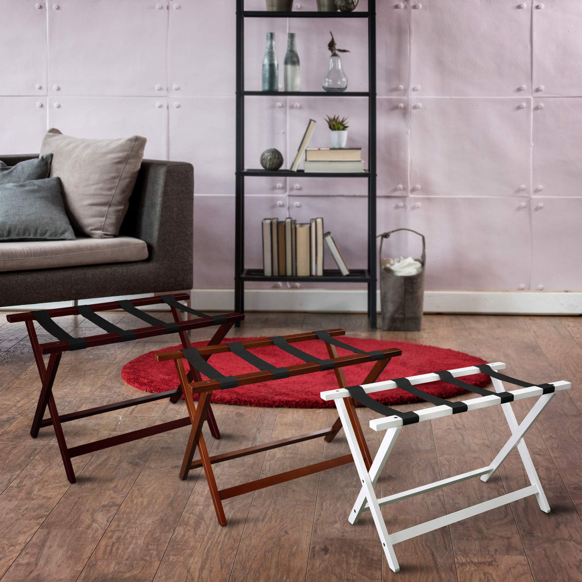 Casual Home walnut wood finish adds warmth to guest room décor.