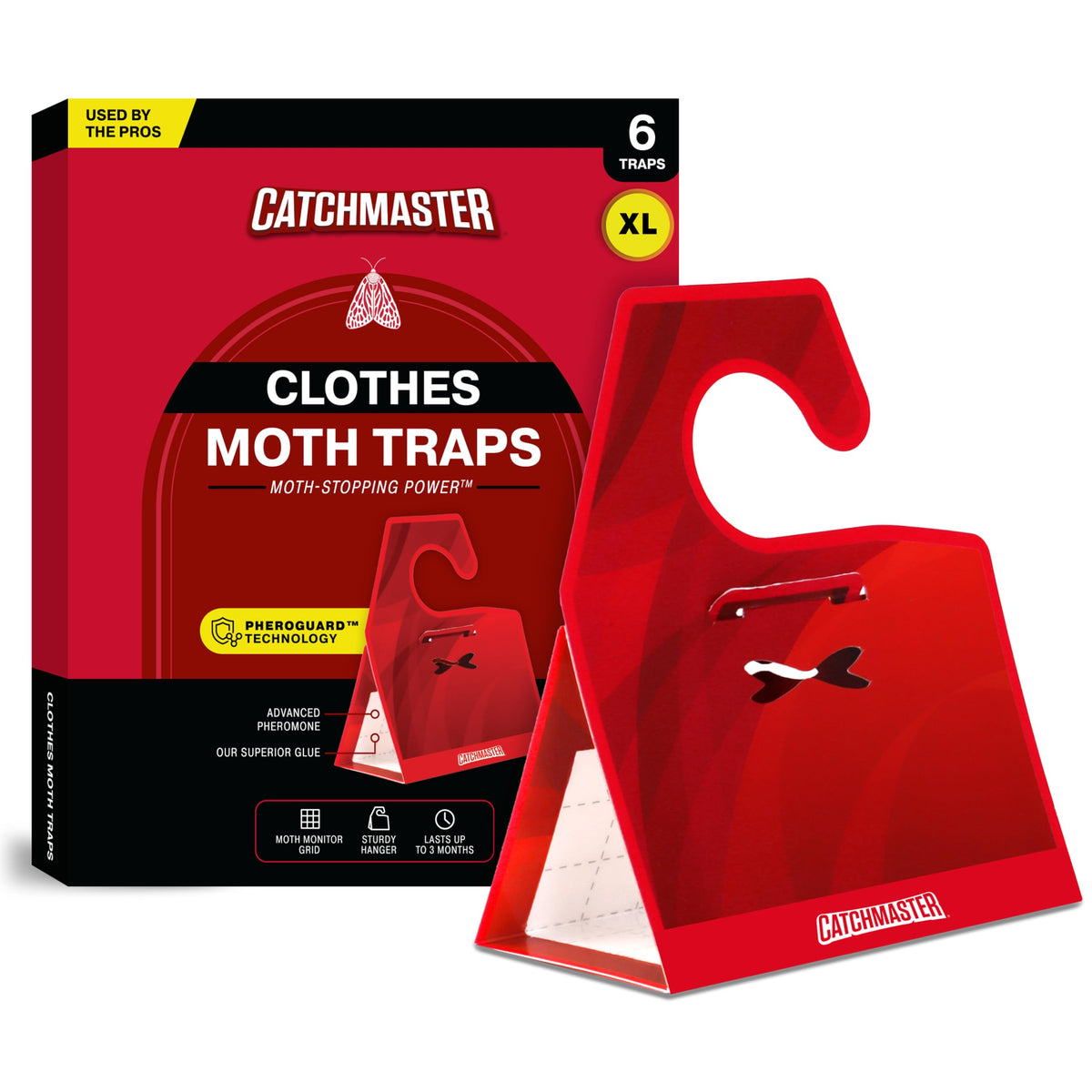 Catchmaster clothes moth trap in red XL uses odorless pheromone to protect garments.