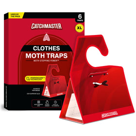 Catchmaster clothes moth trap in red XL uses odorless pheromone to protect garments.