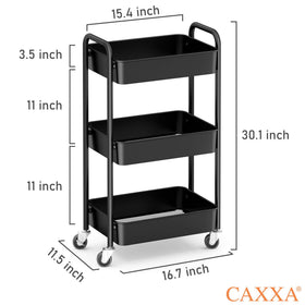 CAXXA 3-Tier rolling cart front view shows accessible storage on casters