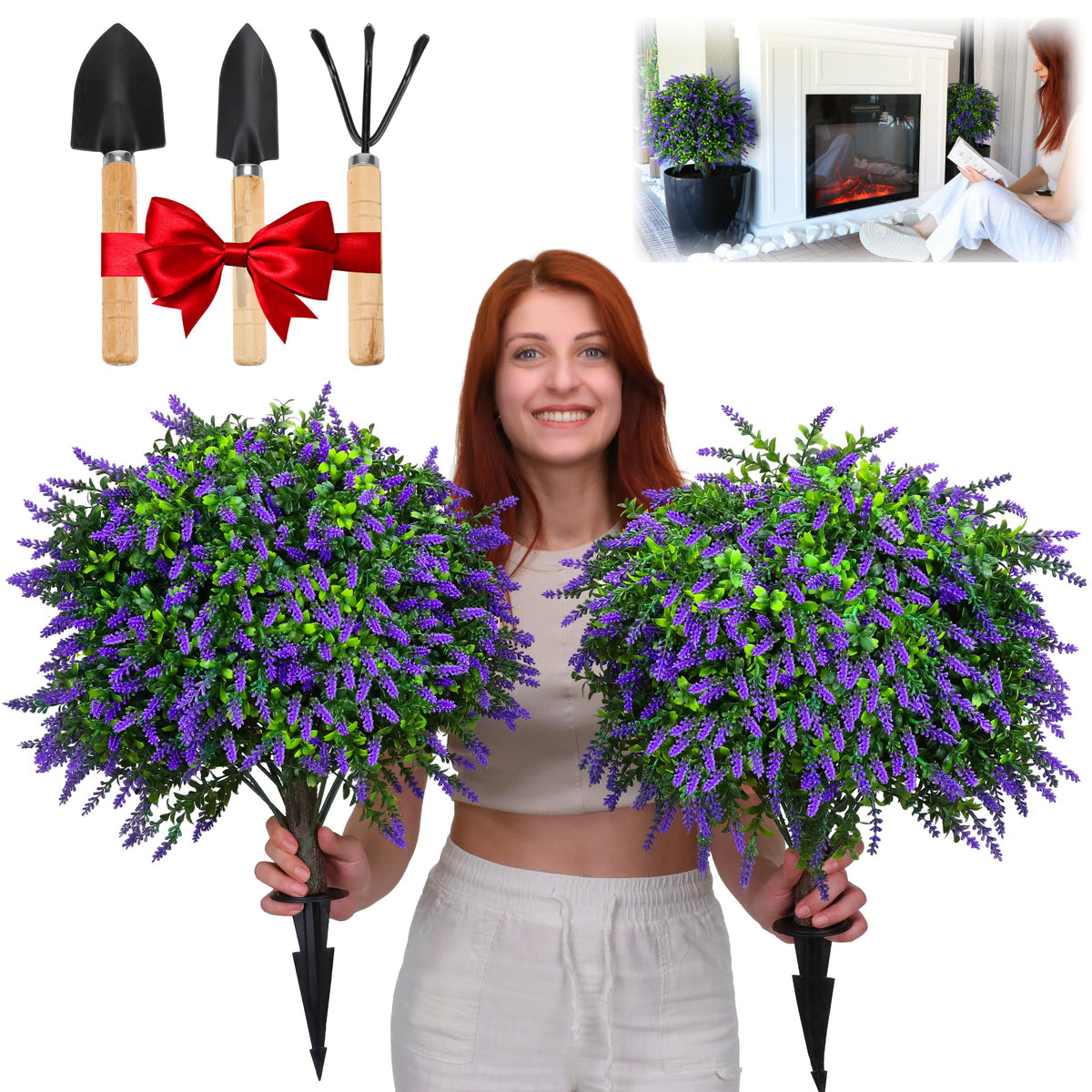 CAZZOVA lavender topiary ball 24in with ground stakes for secure outdoor display.
