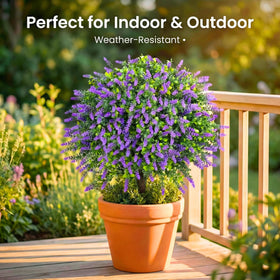 CAZZOVA lavender topiary ball outdoors highlighting UV resistance.