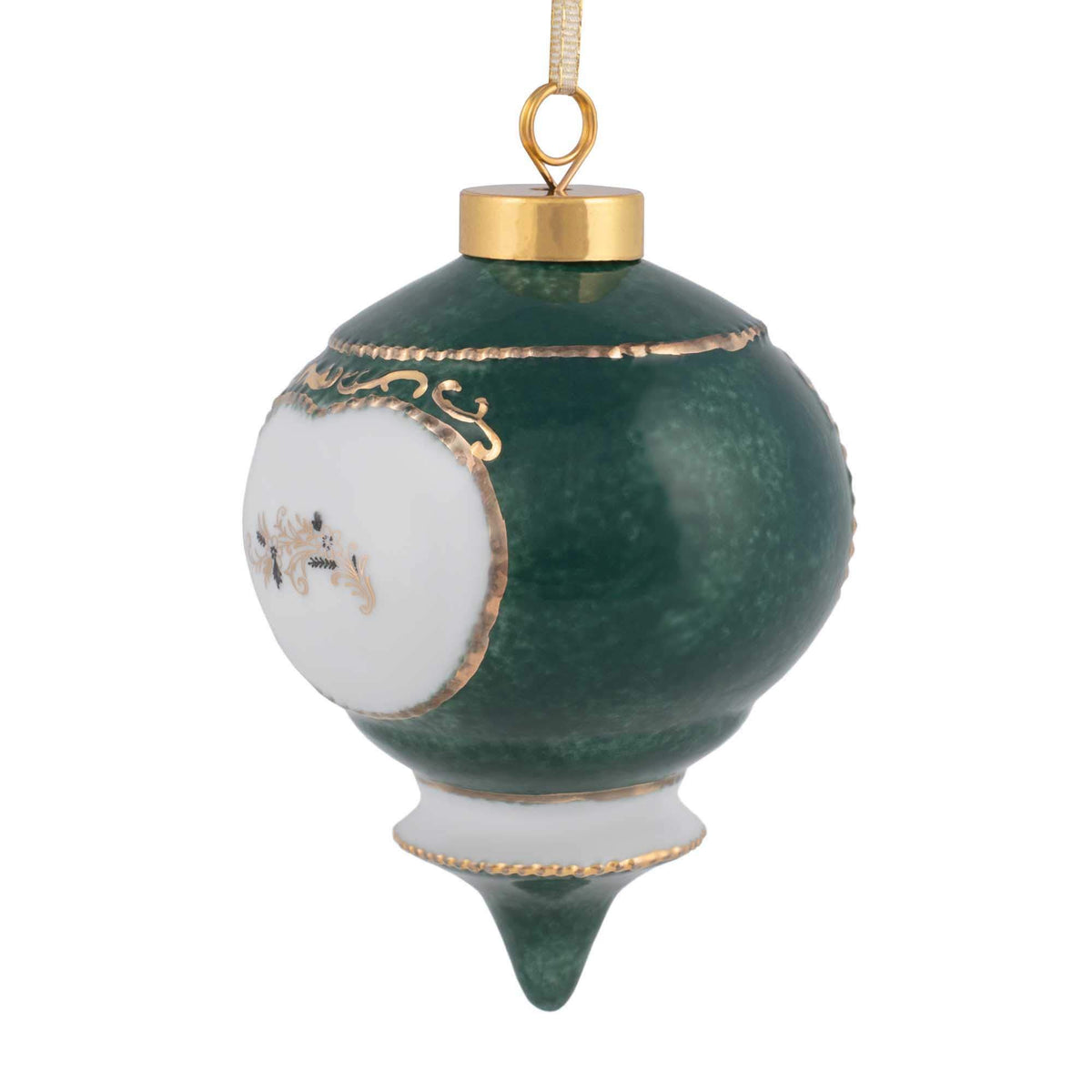 CBE Happy 50th Anniversary ornament shows porcelain detail with Victorian silhouette and gold accents.