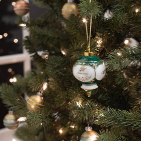CBE Happy 50th Anniversary ornament ready for tree display with emerald-green and white porcelain.