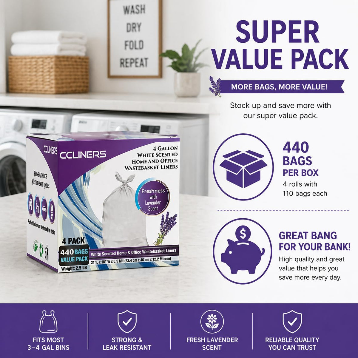 CCLINERS lavender fragrance trash liner creates a fresh-space effect when used.
