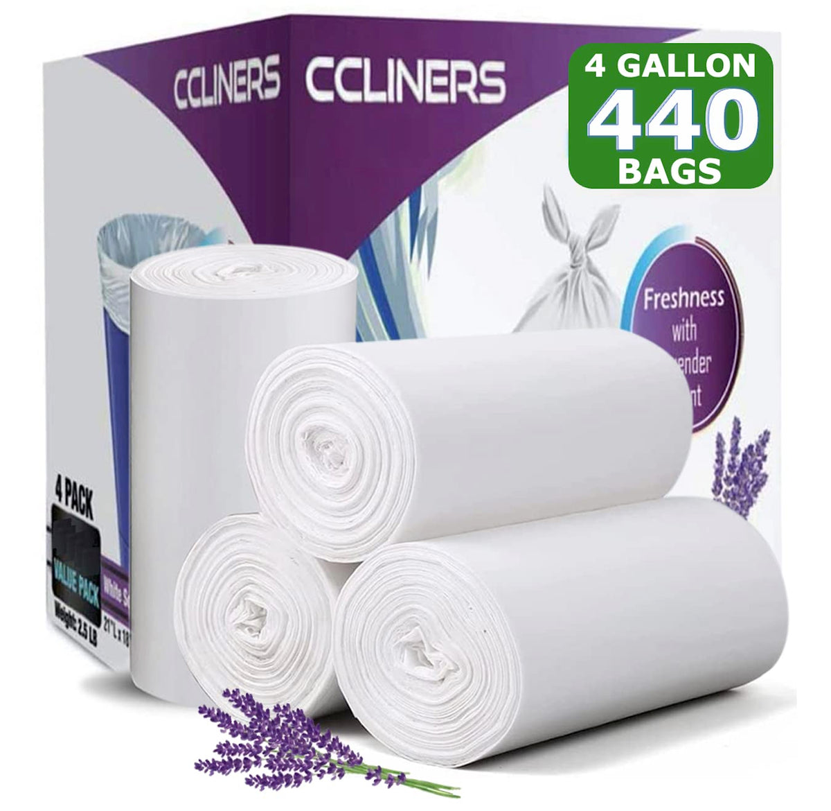 CCLINERS lavender scented 4 gallon trash bag in a bathroom bin for a fresh space.
