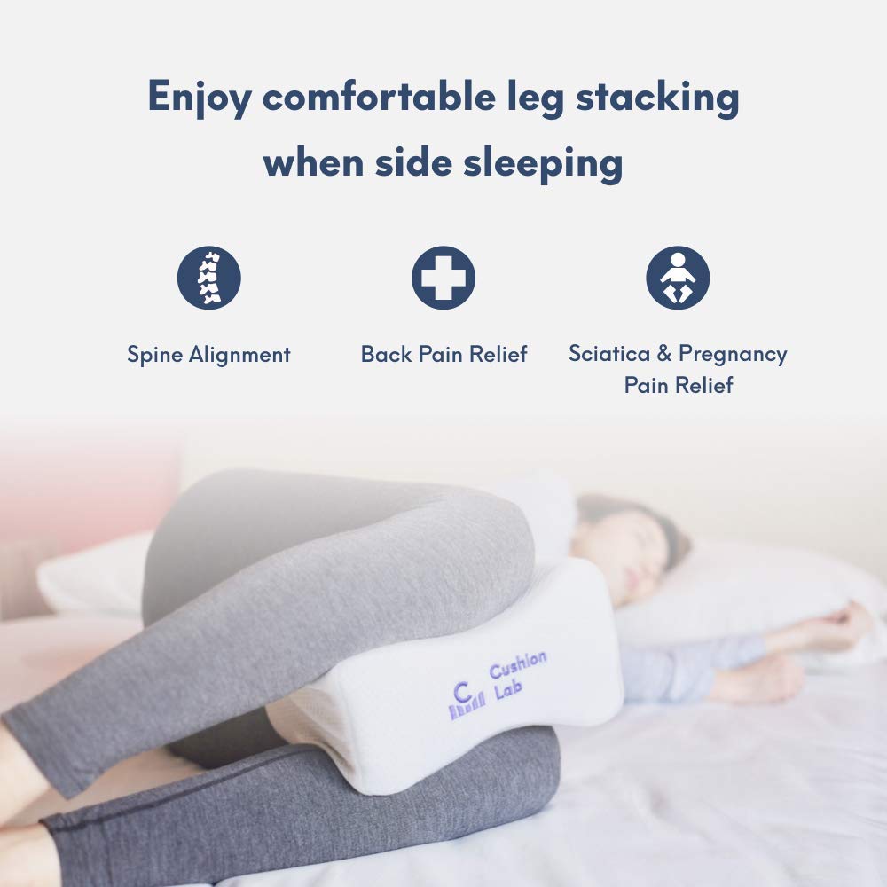 C CUSHION LAB knee pillow placed between legs promotes spine alignment and night relief.