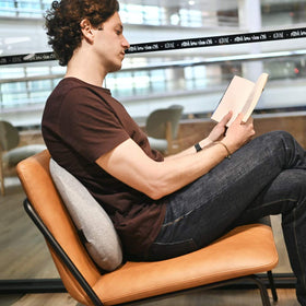 ccushion-lab pillow on a sofa providing ergonomic back support while lounging.