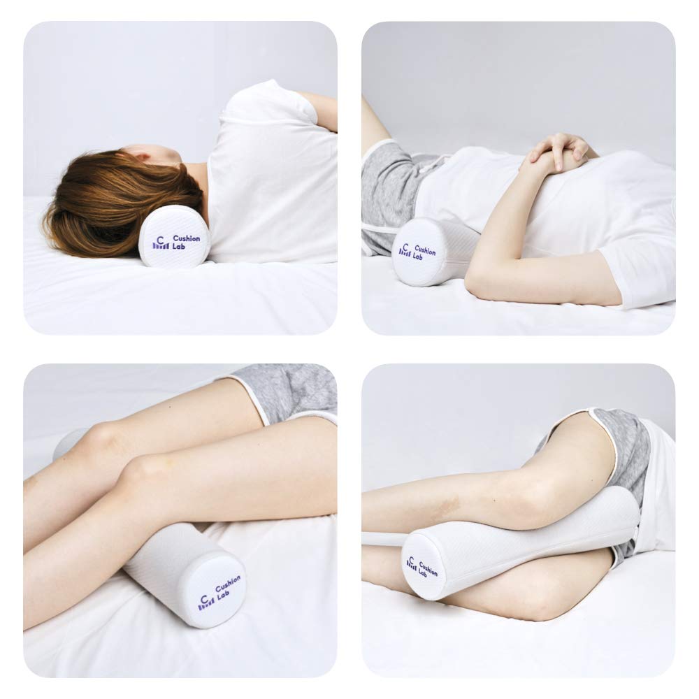 C CUSHION LAB roll pillow used as lumbar support on chair.